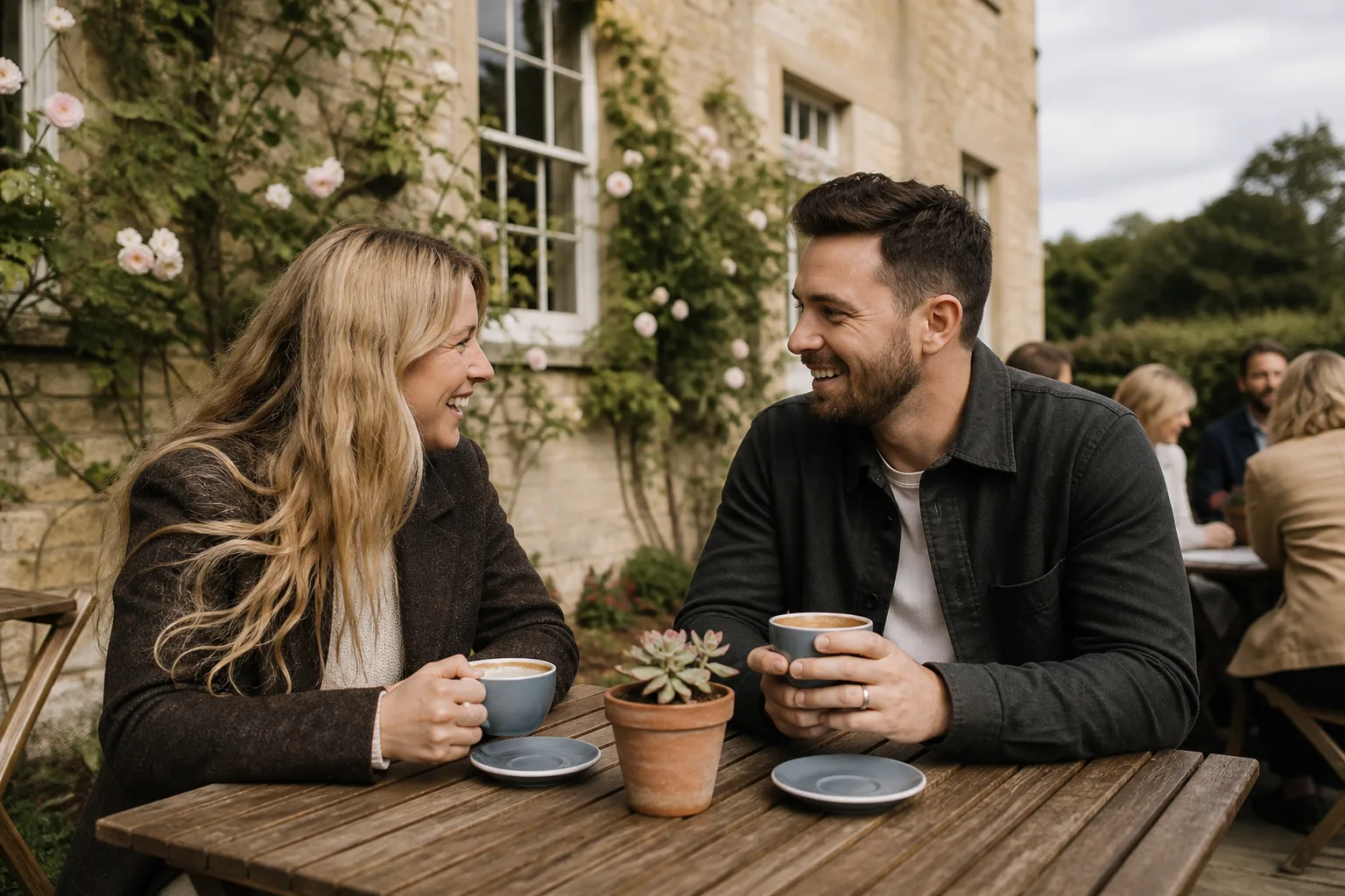 Two people talking over coffee in a Wiltshire town centre