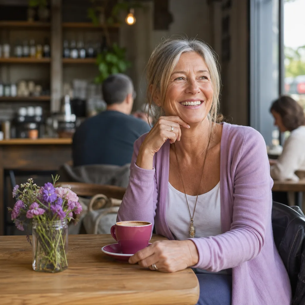 Woman in her fifties writing an honest local dating profile at home