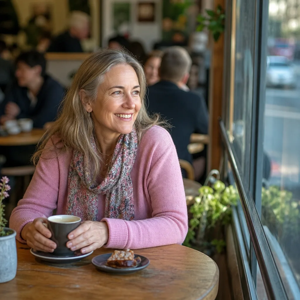 Two adults over 50 meeting for coffee at a public Wiltshire venue