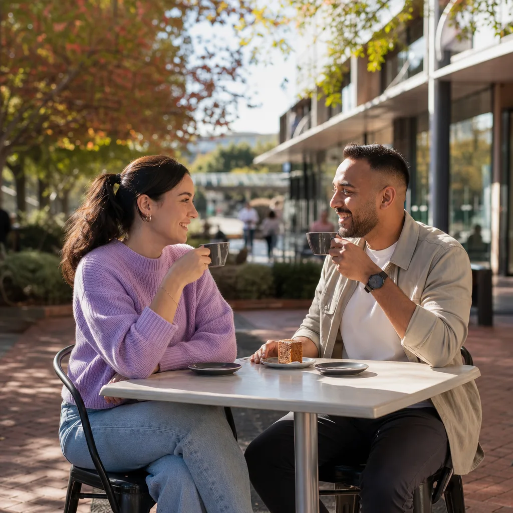 Two adults meeting at a busy public venue in central Salisbury